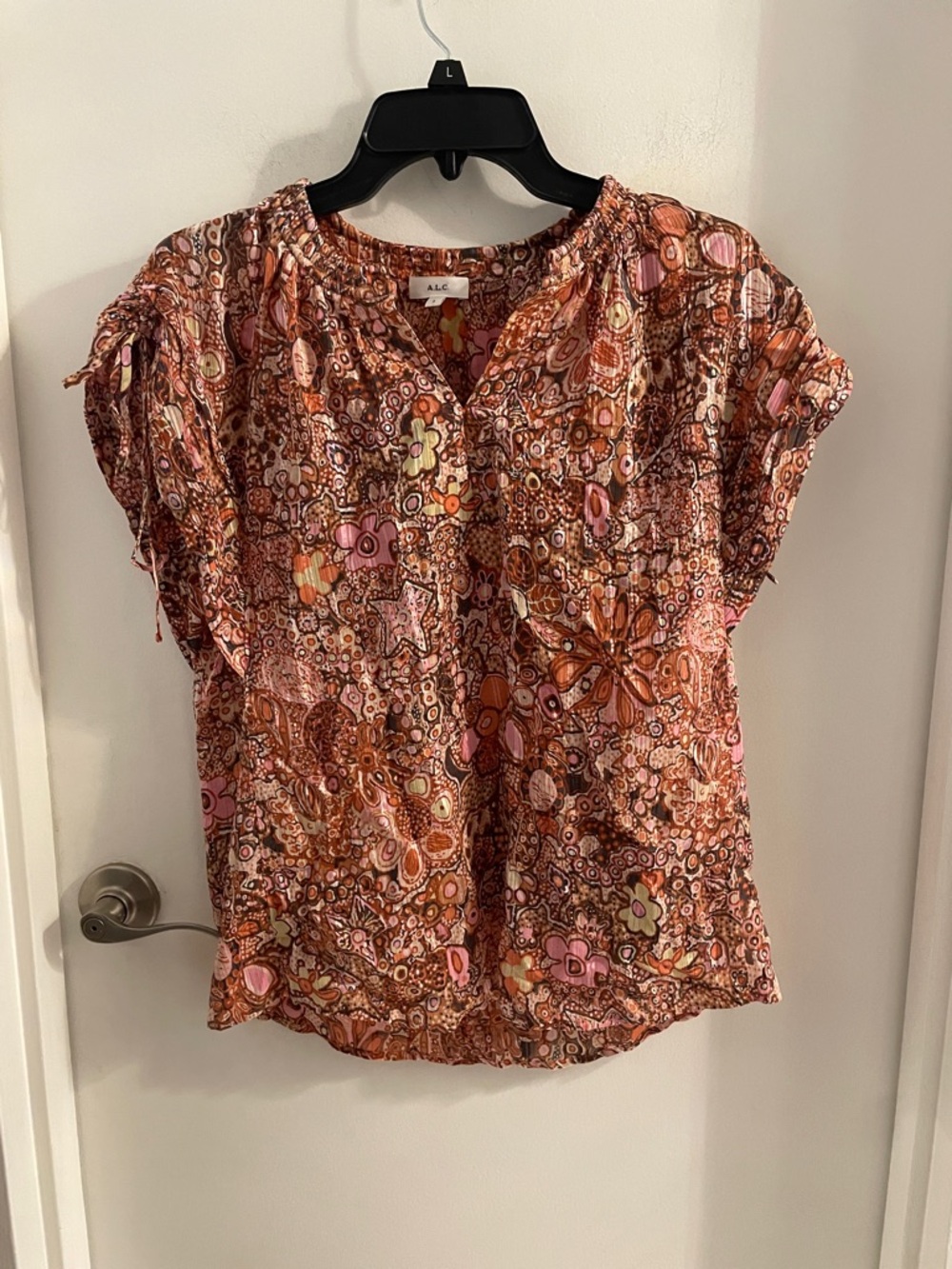 A.L.C. Size 2 Julianna Sorbet Multi Cotton  Silk Blend Floral V-Neck Top Blouse